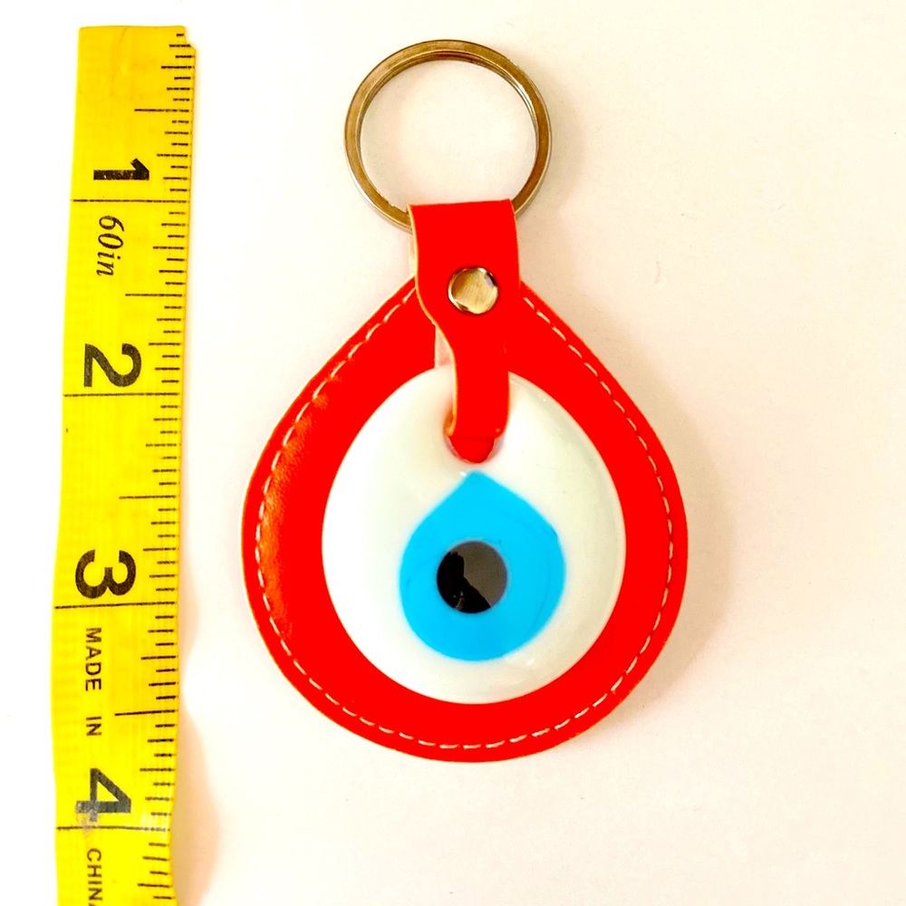 EVIL EYE LEATHER BASE GLASS WHITE KEYCHAIN